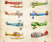 Vintage Airplane Collection, antiqued watercolor print