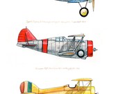 8x10 giclee print featuring three vintage airplanes in red, yellow and blue