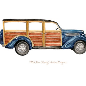 1936 Ford Woody Station Wagon, classic automobile watercolor print, 8x10&quot;