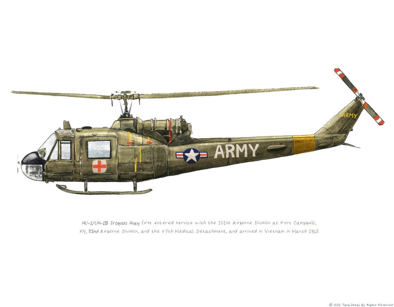 UH-1 Iroquois Huey, US Army Aviation watercolor print, 8x10 UH-1B 57th Med