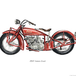 1928 Red Indian Scout Motorcycle, classic vehicle watercolor print, 8x10&quot;