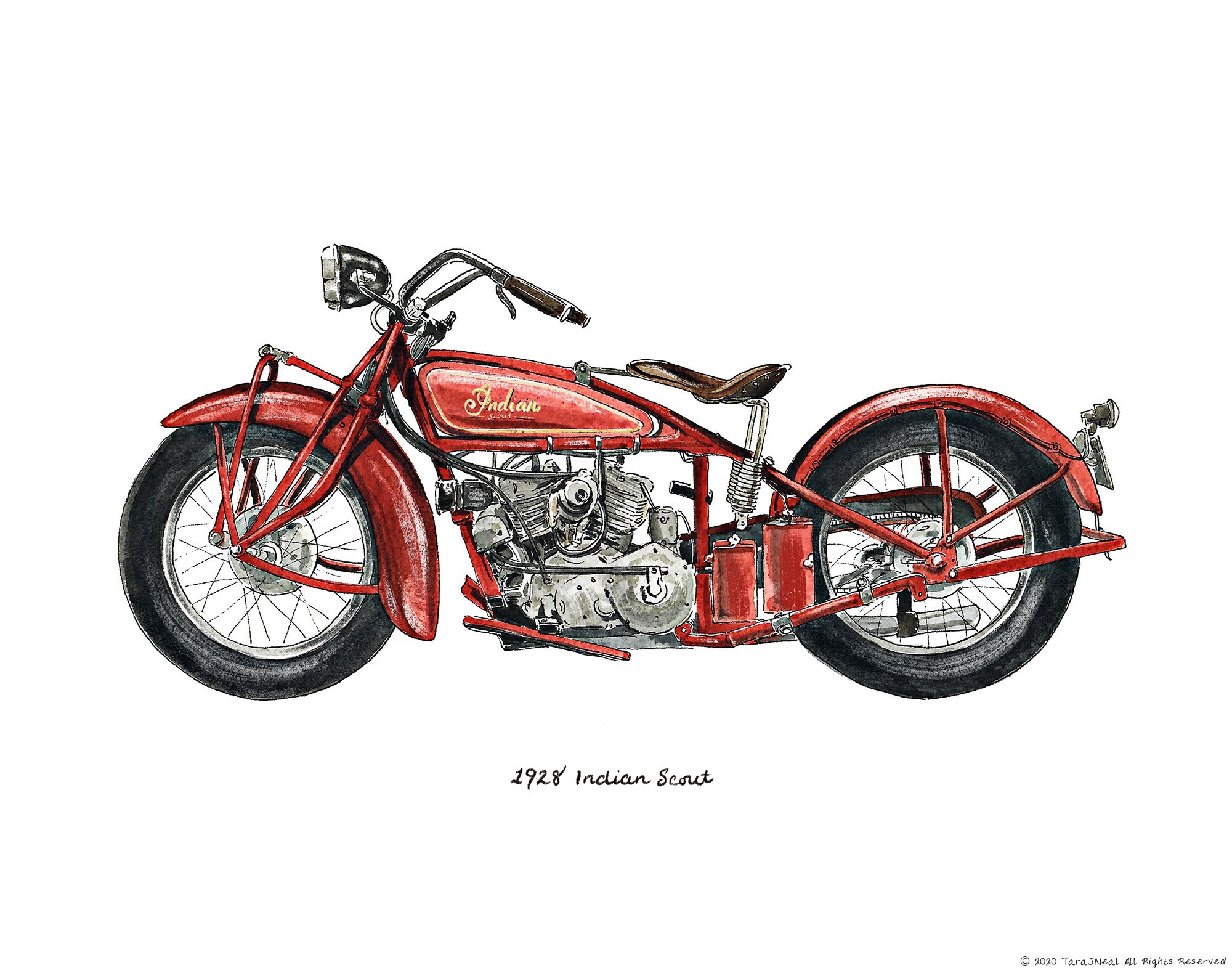 1928 Red Indian Scout Motorcycle, Classic Vehicle Watercolor Print