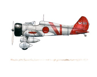 Mitsubishi A5M, Vintage airplane watercolor print 8x10