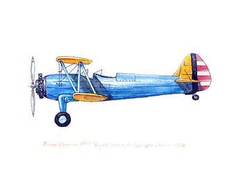 Boeing/Stearman PT-17 vintage airplane watercolor print, 8x10&quot;