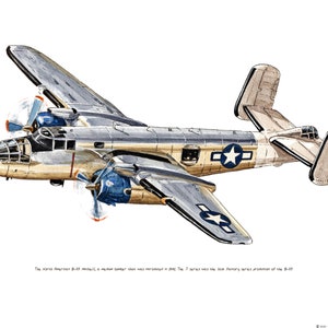 Stampa ad acquerello di un bombardiere Mitchell B-25J, aereo storico, 8x10"
