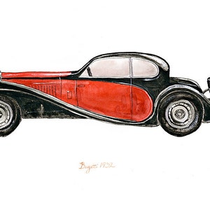 May include: A vintage black and red Bugatti car from 1932, drawn in watercolour.