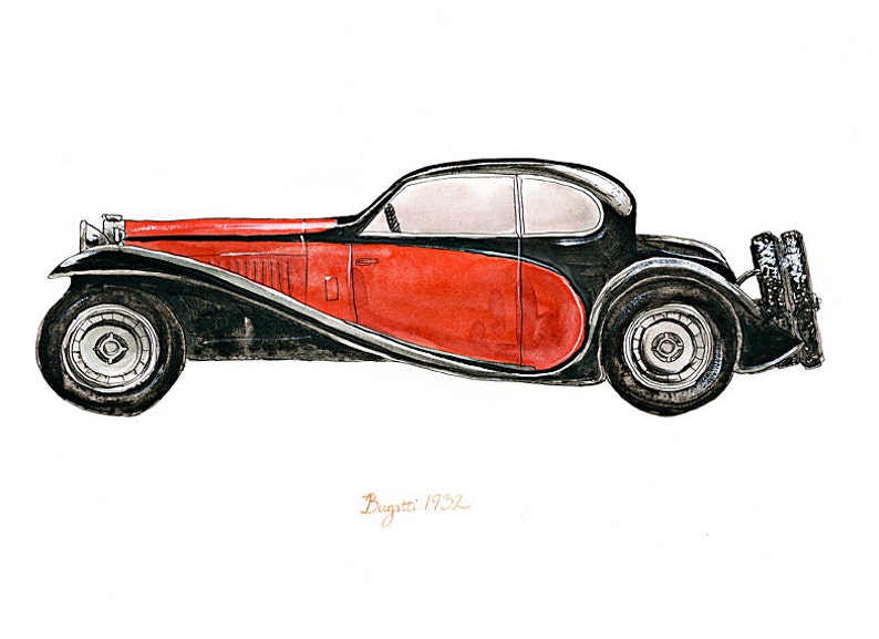 1932 Bugatti Coup de Ville, classic automobile watercolor print, 8x10 image 1