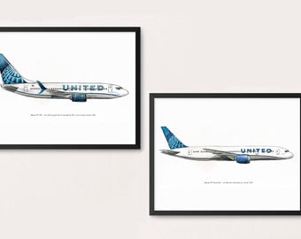 Aquarelprint vliegtuig 737 Max of 787 Dreamliner United, 8 x 10"