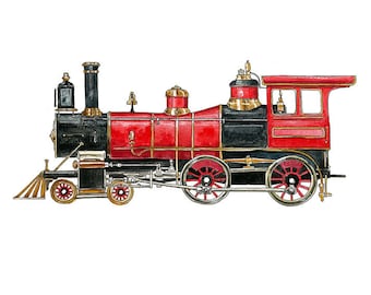 Red Steam Engine Locomotive watercolor print, 8x10"