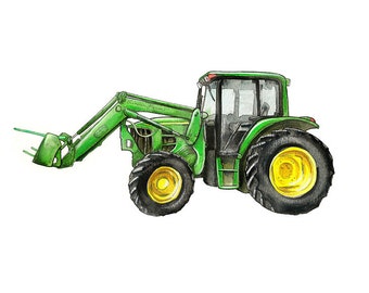 Impresión en acuarela de un tractor agrícola verde con pacas de heno, 20 x 25 cm