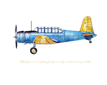 Vultee BT-13 Valiant Vintage Flugzeug Aquarell Druck, 20x25cm