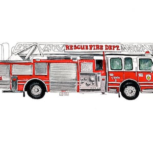 Modern Fire Truck vehicle watercolor print, 8x10 image 1