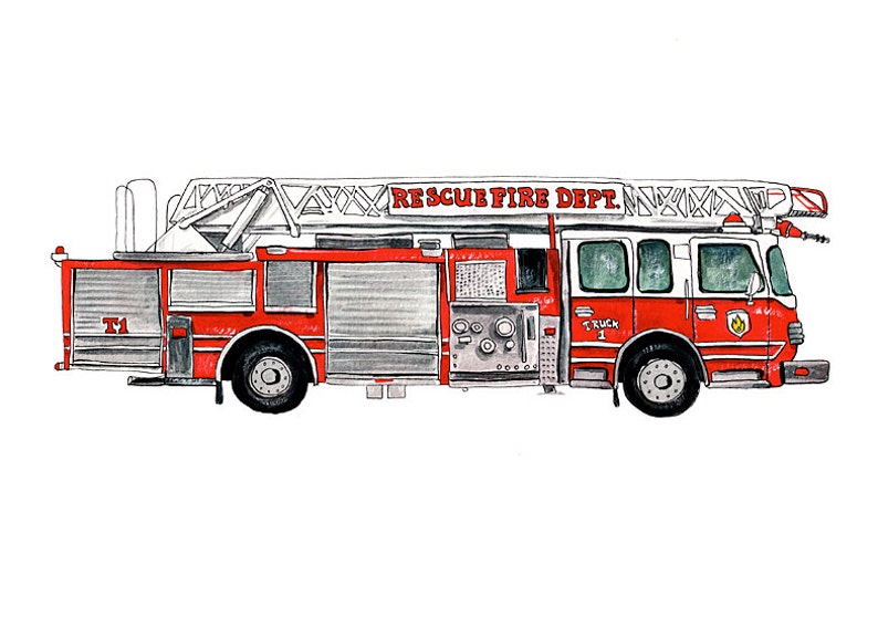 Modern Fire Truck vehicle watercolor print, 8x10 image 1