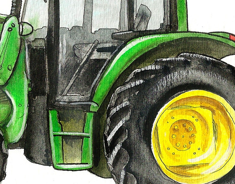 Hay Bale Green Farm Tractor watercolor print, 8x10 image 2