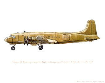 Douglas DC-4 vintage airplane watercolor print, 8x10"