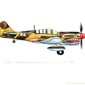 Curtiss P-40 &quot;Warhawk&quot; vintage airplane watercolor print, 8&quot;x10&quot;