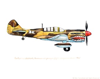 Curtiss P-40 "Warhawk" vintage airplane watercolor print, 8"x10"