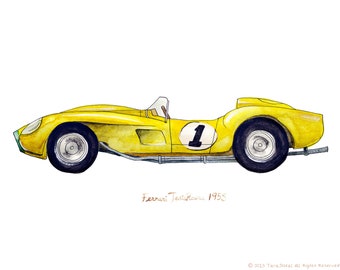 1958 Ferrari Testa Rossa, classic automobile watercolor print, 8x10"