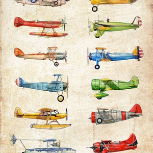 Set of TWO Vintage Airplane Collection, antiqued watercolor prints image 3