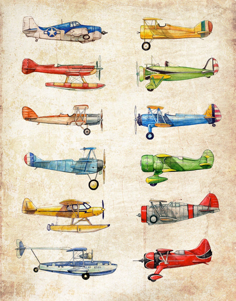 Set of TWO Vintage Airplane Collection, antiqued watercolor prints image 3