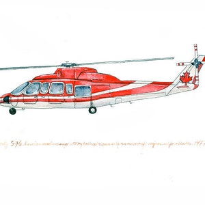 Red Canadian Sikorsky S-76, Aircraft watercolor paint, 8x10