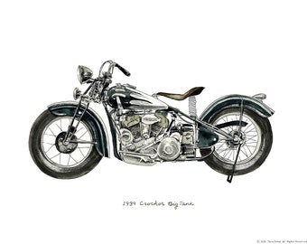 1939 Crocker "Big Tank" Motorcycle, iconic vehicle watercolor print, 8x10"