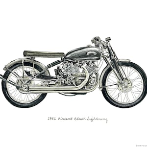 1951 VIncent Black Lightning-motorfiets, iconische aquarel voertuigprint, 8 x 10&quot;