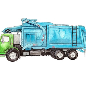 Pode incluir: Um caminhão de lixo azul e verde com uma escada lateral e um braço hidráulico. O caminhão é pintado em estilo aquarela.