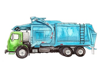 Front Loader Garbage Truck vehicle watercolor print, 8x10"