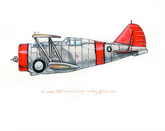 Grumman F3F vintage airplane watercolor print 8x10