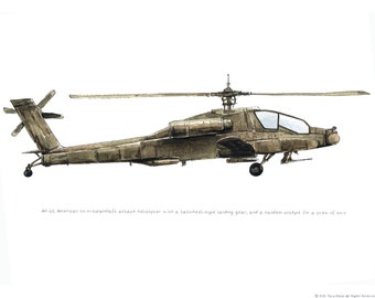 AH-64A Apache, us army aviation watercolor print, 8x10"