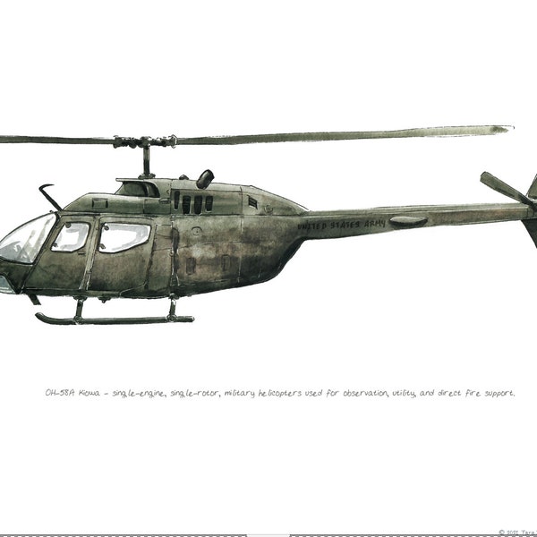 Bell OH-58 A Model Kiowa, US Army Aviation watercolor print, 8x10"