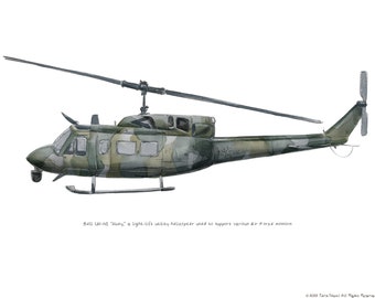 UH-1 Iroquois Huey, USAF watercolor print, 8x10"