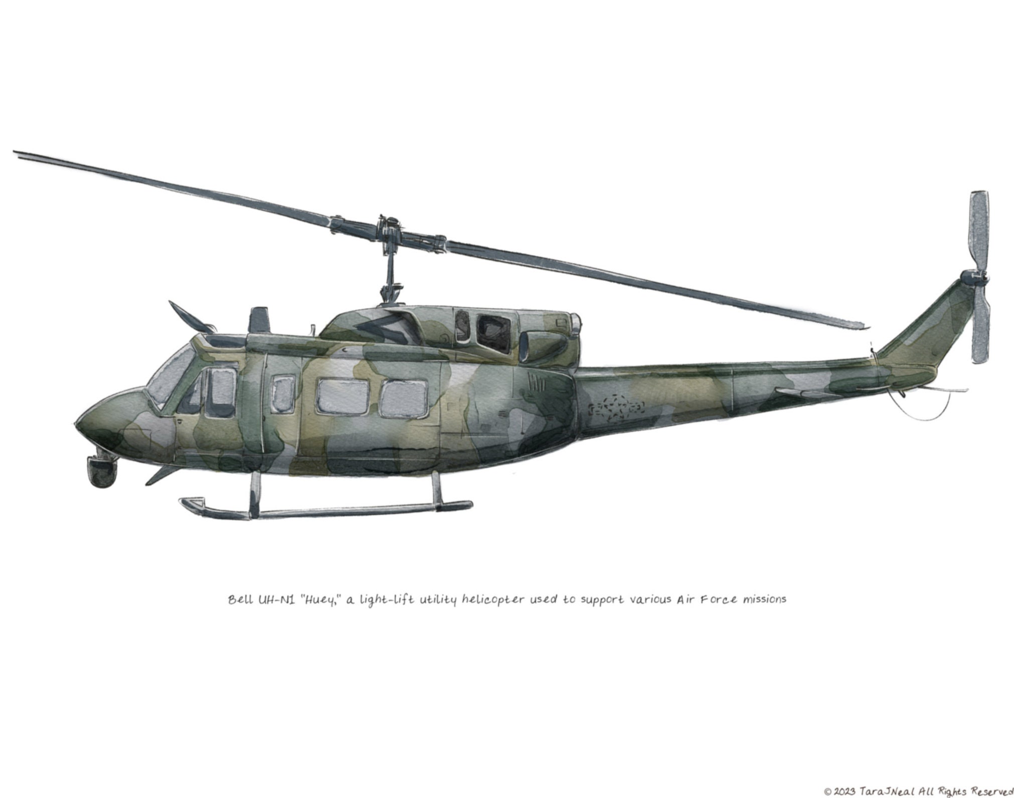 UH-1 Irokese Huey, USAF Aquarell, 20x25cm
