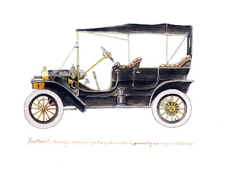 Ford Model T, "Tin Lizzy" classic automobile watercolor print, 8x10"