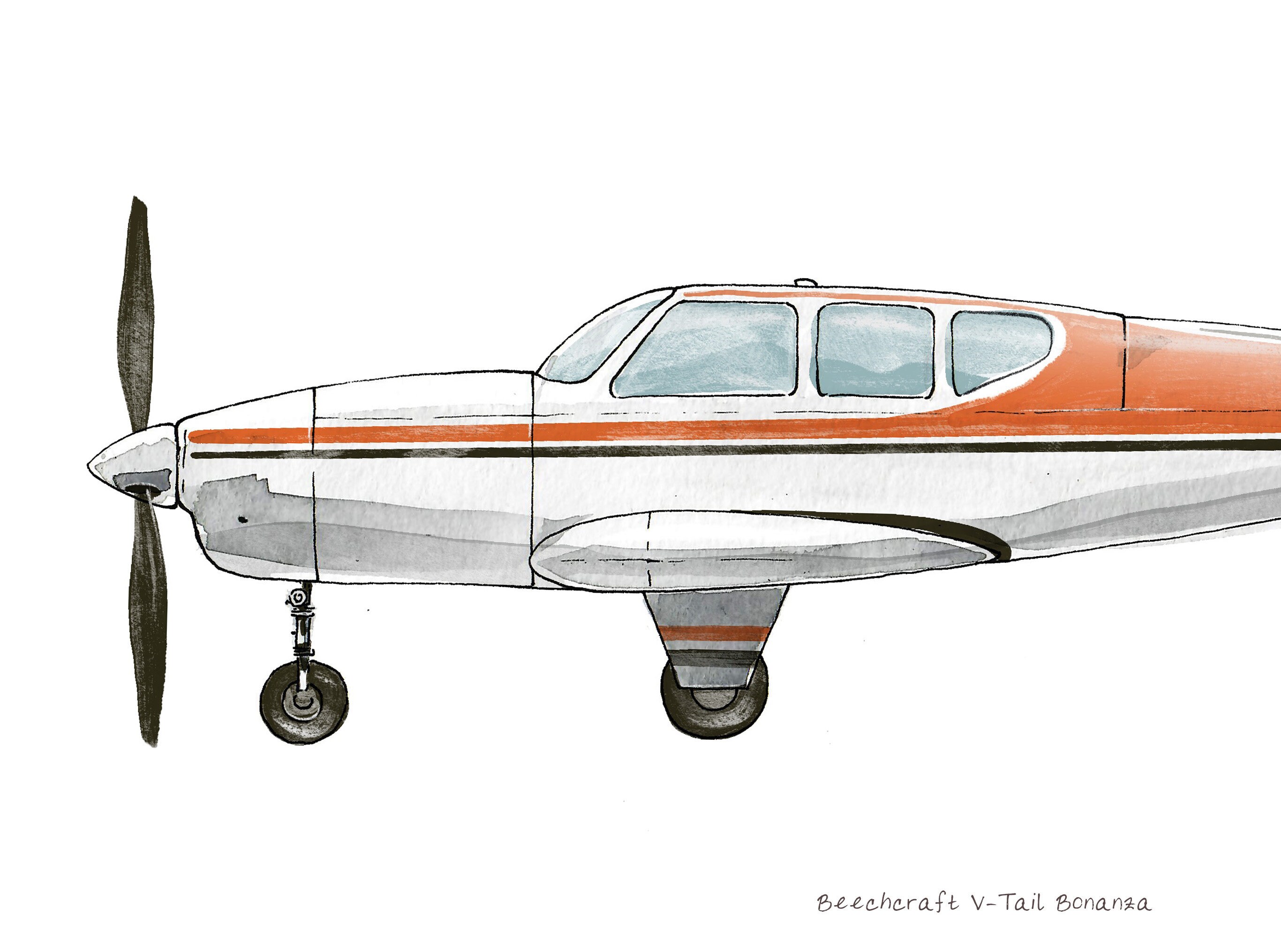 Beechcraft V-tail Bonanza Vintage Airplane Watercolor Print, 8x10