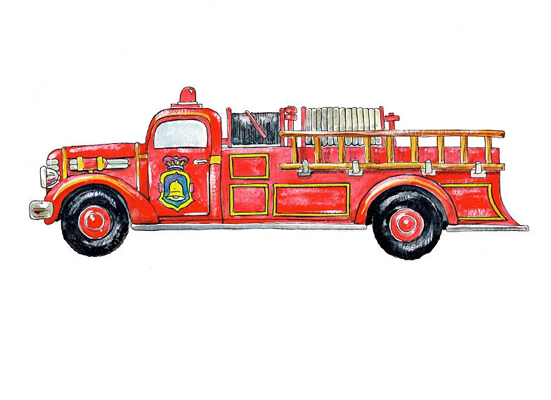 Vintage Fire Truck Vehicle Watercolor Print, 8x10 