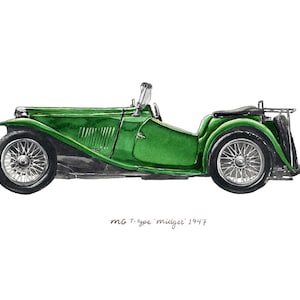 Może przedstawiać: Akwarelowa ilustracja zielonego klasycznego samochodu MG T-type Midget z 1947 roku. Zabytkowy roadster posiada szprychowe koła, czarny bagażnik i szczegółowe wnętrze. Samochód jest pomalowany w odcieniach zieleni i czerni.