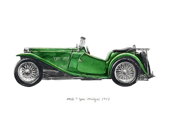 MG t-Type Midget 1947, vintage automobile watercolor print, 8x10"