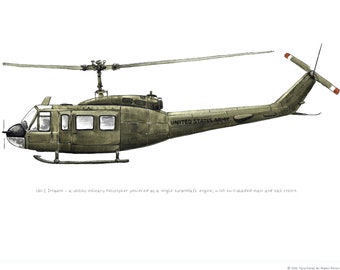 UH-1 Iroquois Huey, US Army Aviation watercolor print, 8x10"