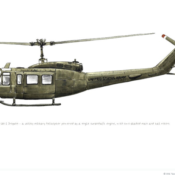 UH-1 Iroquois Huey, US Army Aviation watercolor print, 8x10"