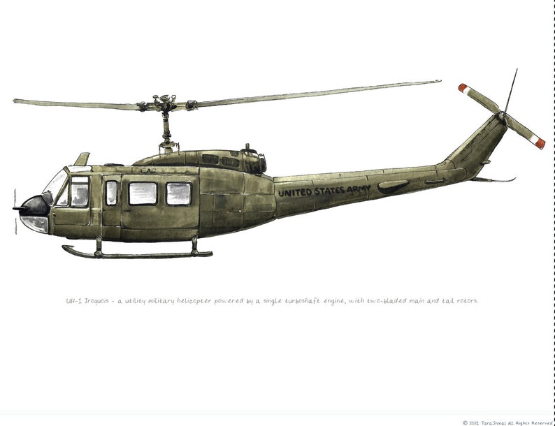 UH-1 Iroquois Huey, US Army Aviation watercolor print, 8x10 UH-1