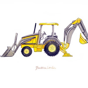 May include: A yellow and gray backhoe loader with a large bucket on the back. The backhoe is on a white background with the text "Backhoe Loader" written below it.