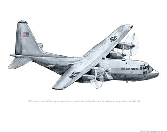 USAF C-130 transport airplane watercolor print, 8"x10"