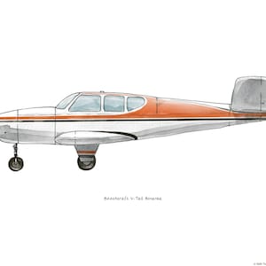 Beechcraft V-Tail Bonanza vintage airplane watercolor print, 8x10&quot;