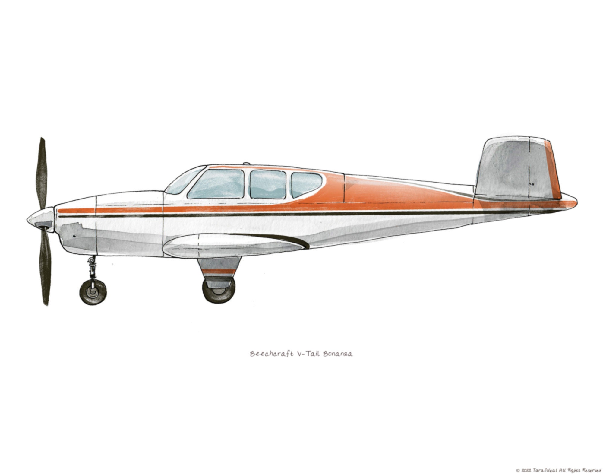 Beechcraft V-tail Bonanza Vintage Airplane Watercolor Print, 8x10