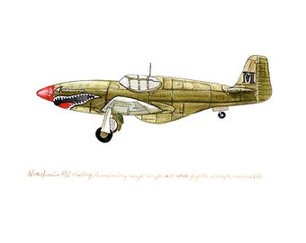 Impresión en acuarela del avión clásico North American P-51 Mustang, 20 x 25 cm
