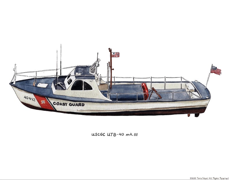 USCG 40' Utility Boat UTB Mk III, Coast Guard watercolor print, 8x10 image 1