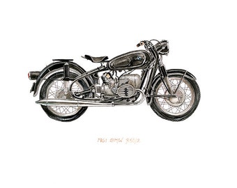 1961 BMW R50/R52 Motorcycle, iconic vehicle watercolor print, 8x10"