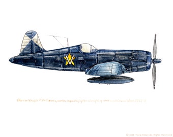 Vought F4U Corsair vintage airplane watercolor print, 8"x10"